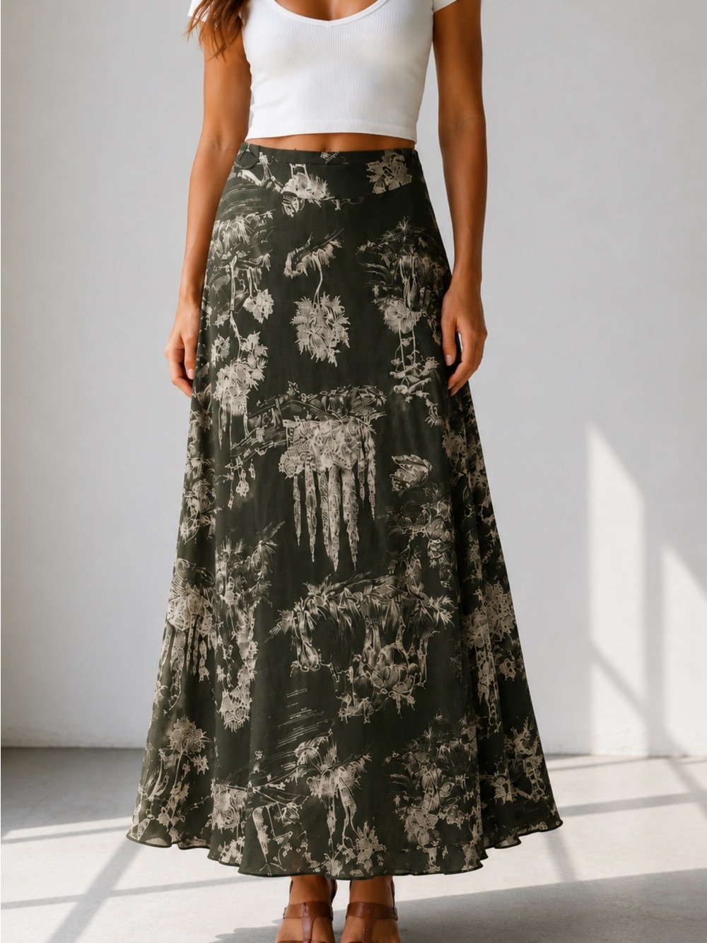 Olive Green Italian Viscose Toile Print unlined Maxi Skirt One Size fits most